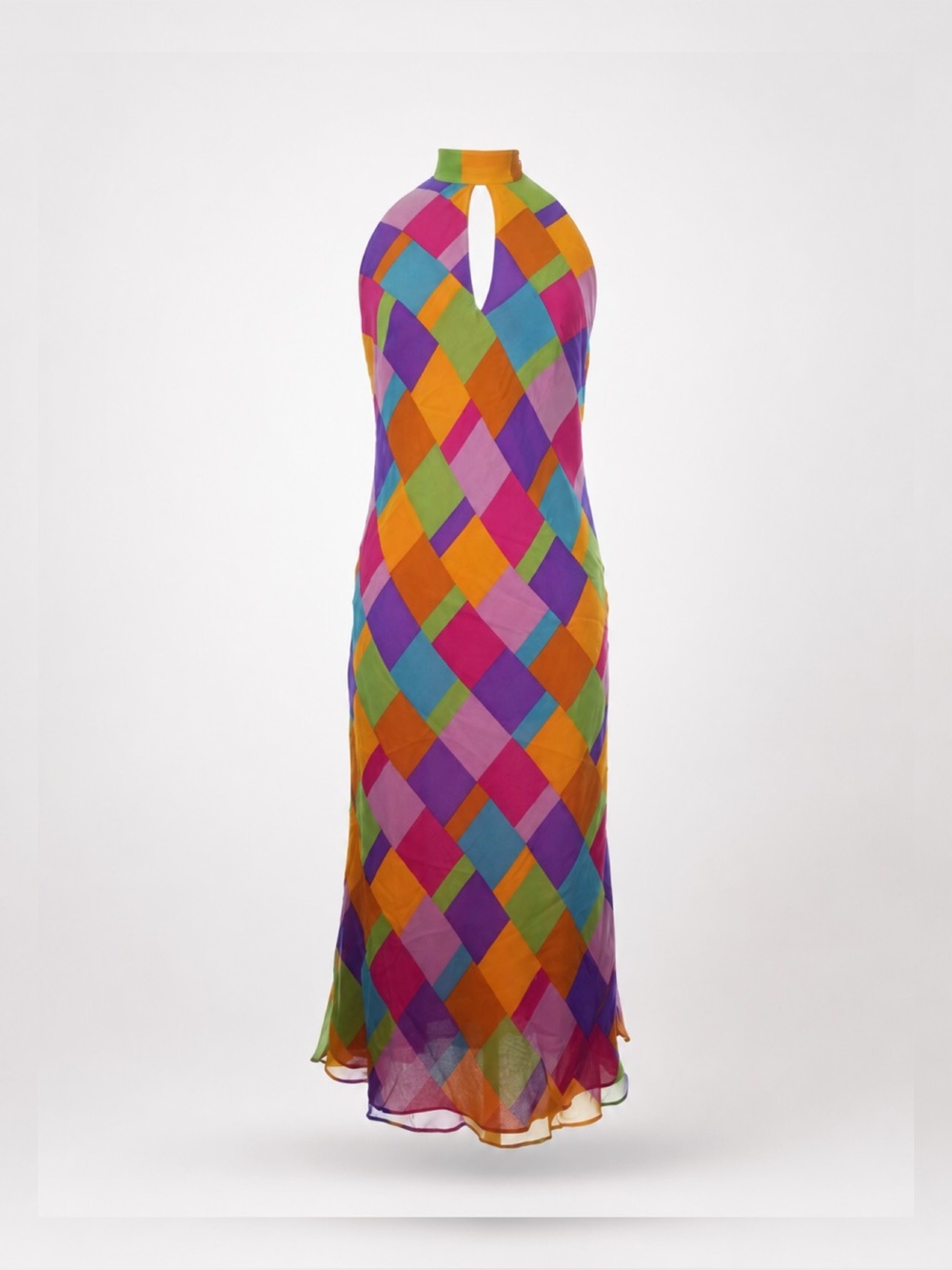 Rare Vintage A.B.S. Evening by Allen Schwartz Multicolor Harlequin Halter Maxi